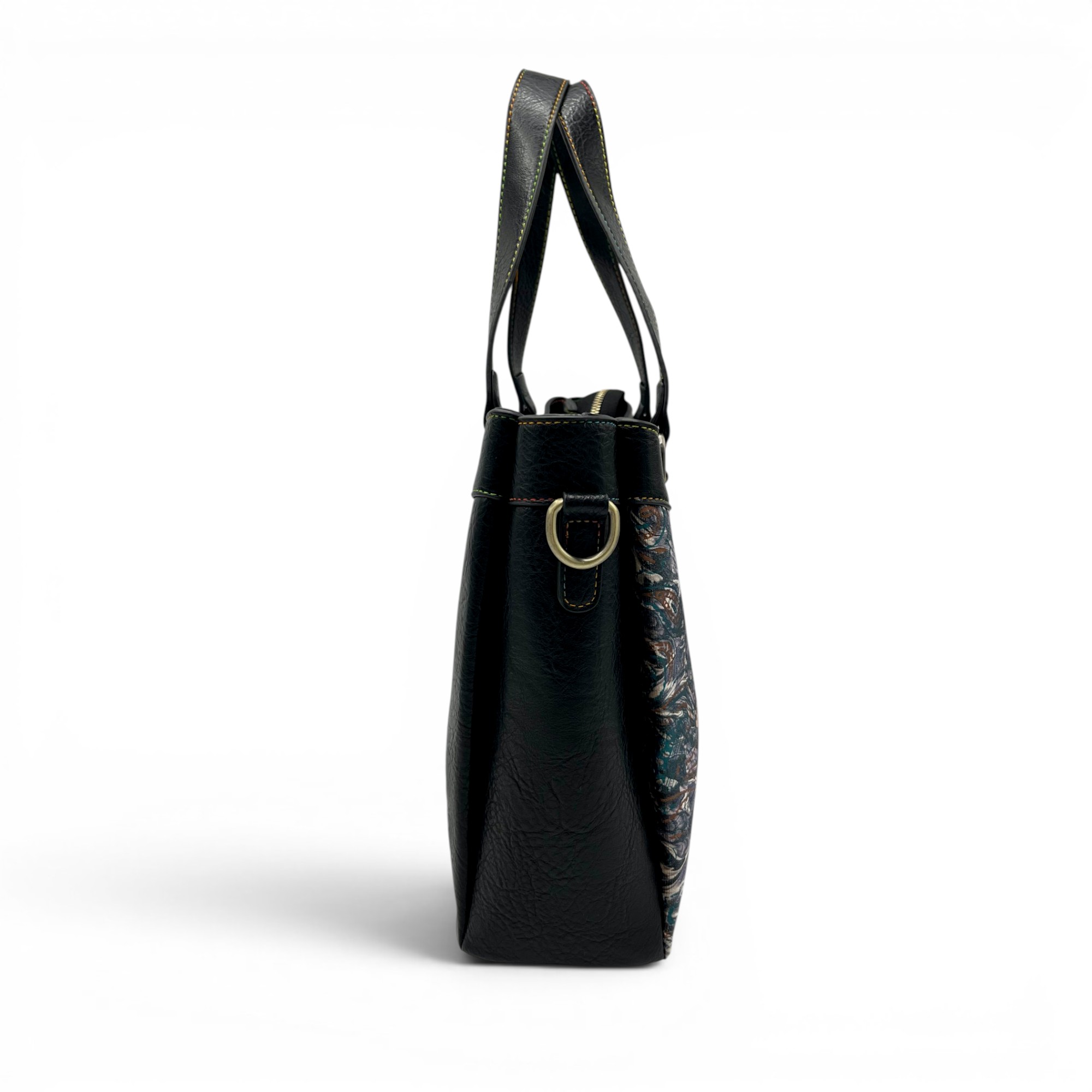 Geantă damă Laura Vita AUREA 06 Noir – imprimeu ornamental, geantă de umăr și crossbody, 30 × 25 × 10 cm