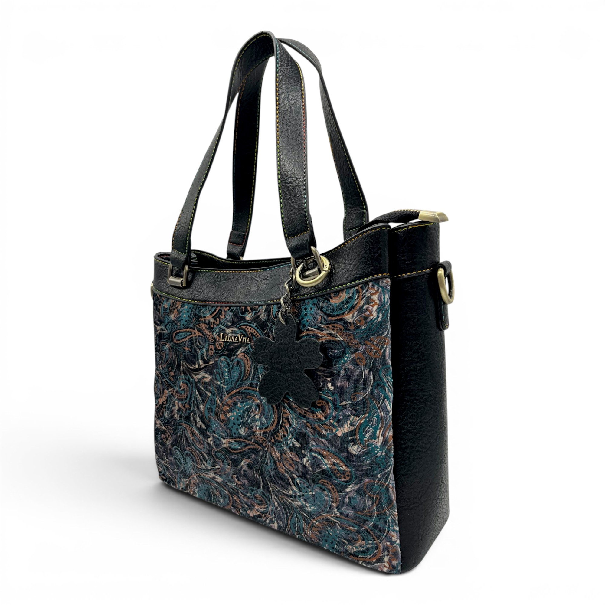 Geantă damă Laura Vita AUREA 06 Noir – imprimeu ornamental, geantă de umăr și crossbody, 30 × 25 × 10 cm