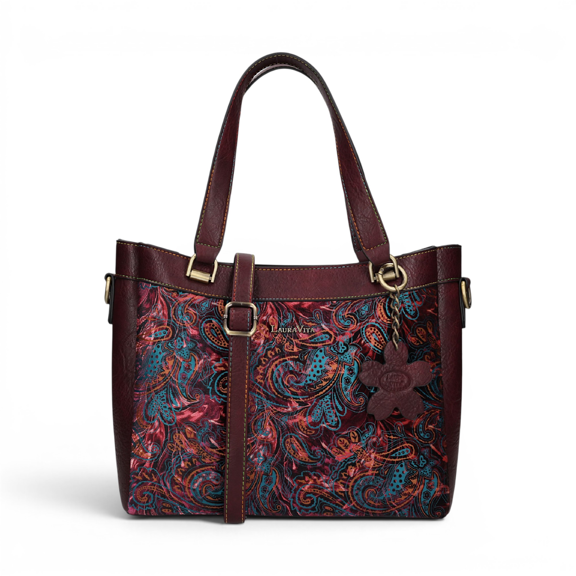 Geantă damă Laura Vita AUREA 06 Wine – imprimeu ornamental multicolor, geantă de umăr și crossbody, 30 × 25 × 10 cm