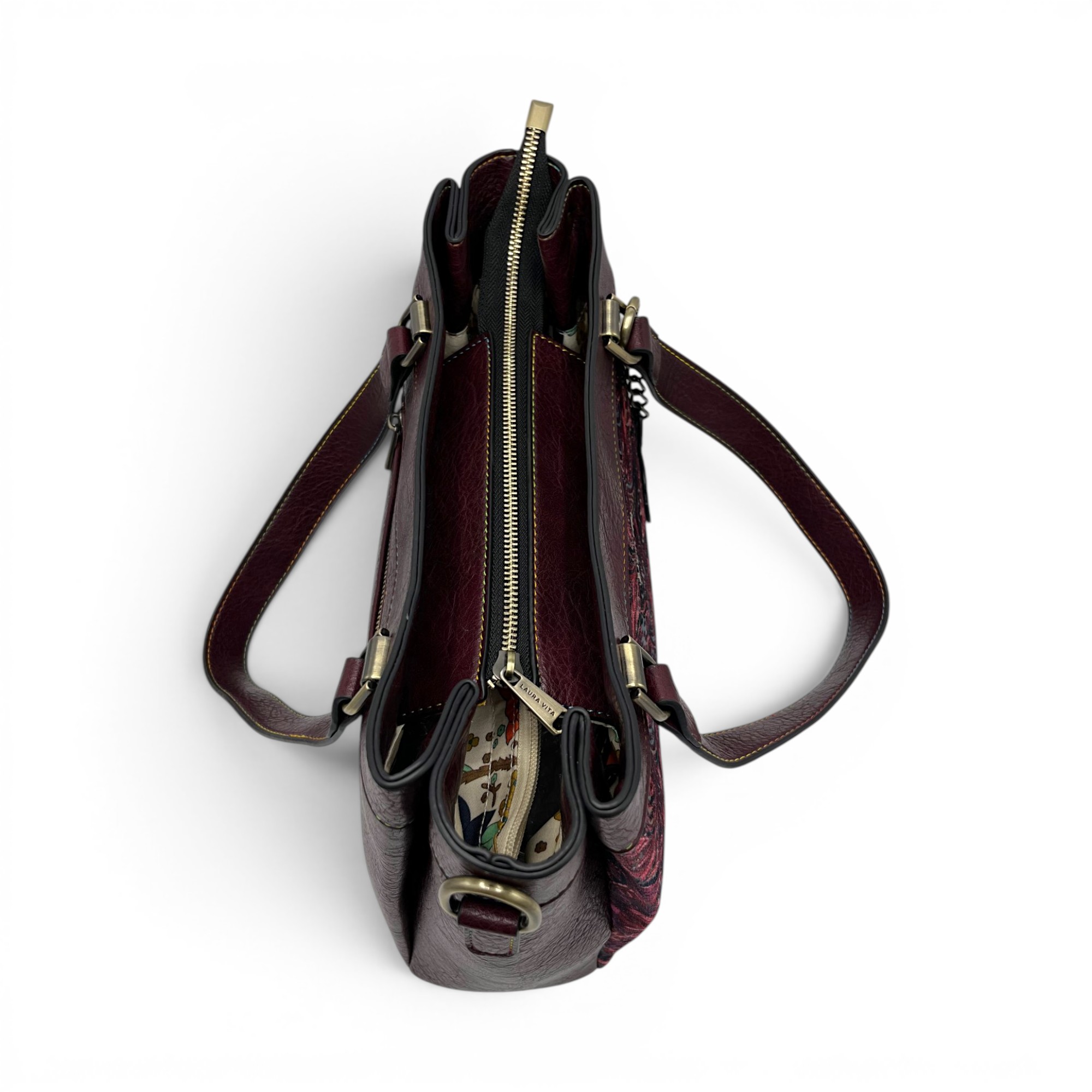 Geantă damă Laura Vita AUREA 06 Wine – imprimeu ornamental multicolor, geantă de umăr și crossbody, 30 × 25 × 10 cm