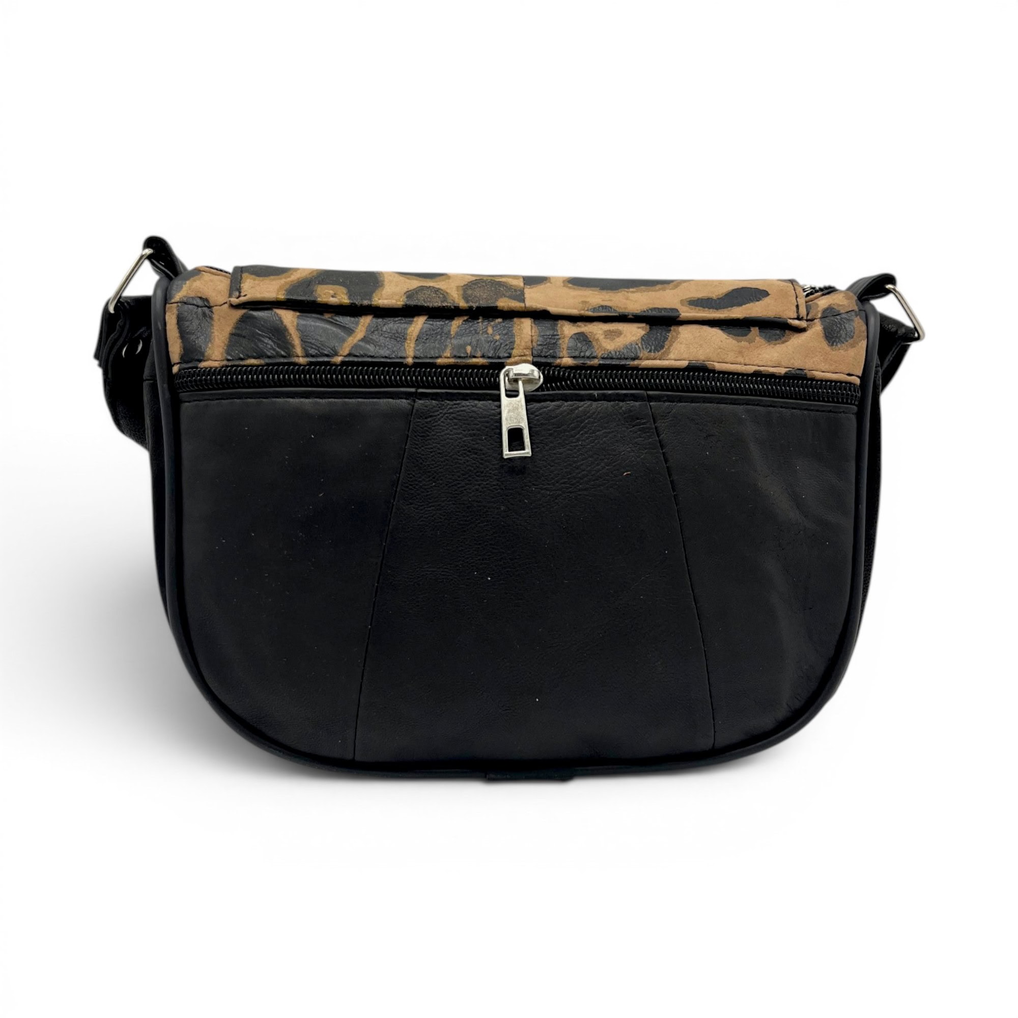 Geantă damă mini neagră cu clapetă animal print leopard, piele naturală.