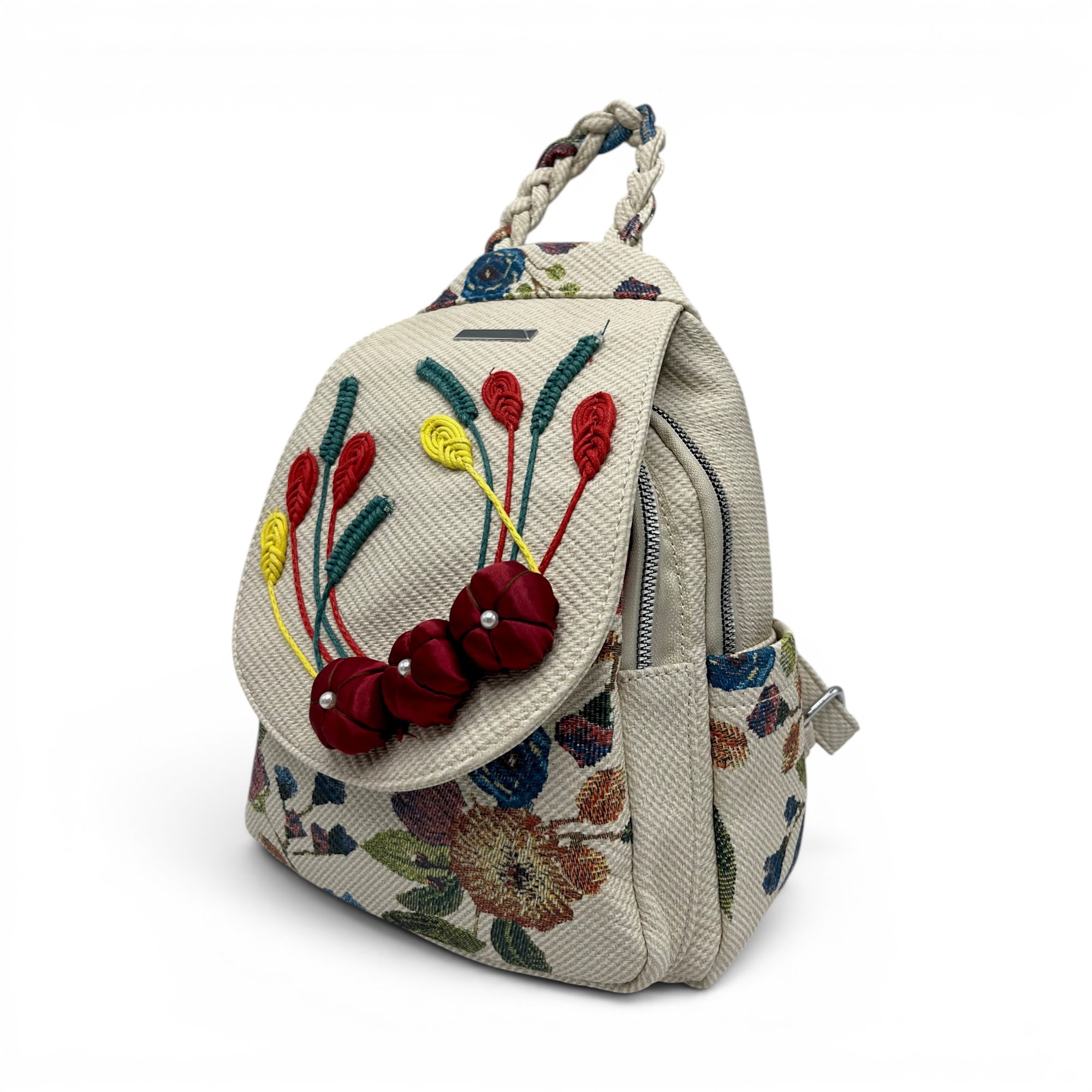 Rucsac damă floral cu detalii colorate și design artistic.