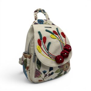 Rucsac damă cu design floral artistic și stil casual.