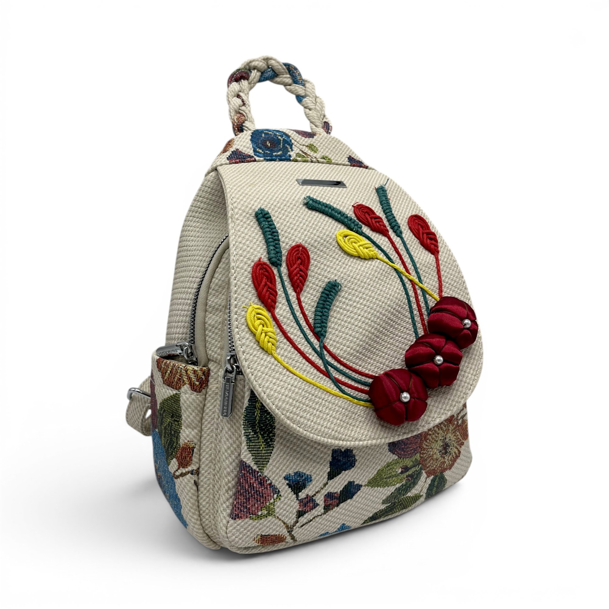 Rucsac damă cu design floral artistic și stil casual.