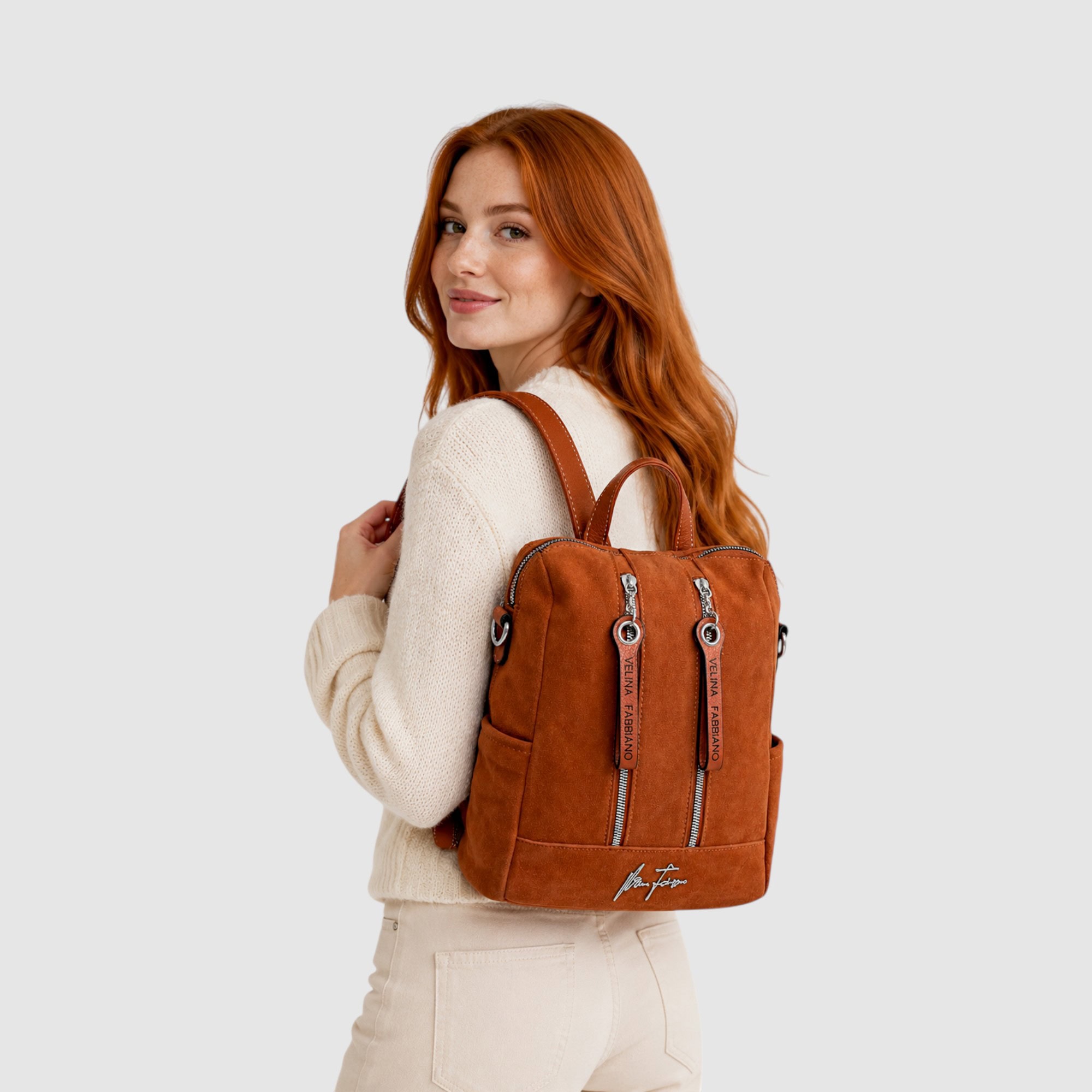 Rucsac damă din piele naturală și PU, culoare cărămiziu, model Velina Fabbiano VF8246.