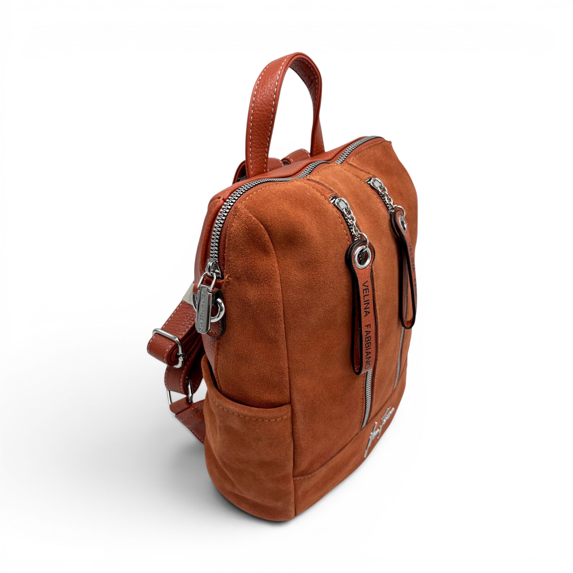 Rucsac damă Velina Fabbiano din piele naturală întoarsă și PU, culoare cărămiziu, 32x27x14 cm.