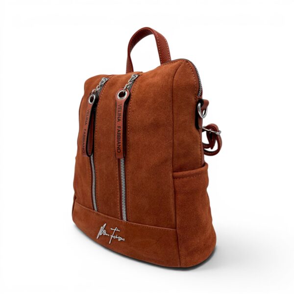 Rucsac damă din piele naturală întoarsă și PU, culoare cărămiziu, cu multiple compartimente.