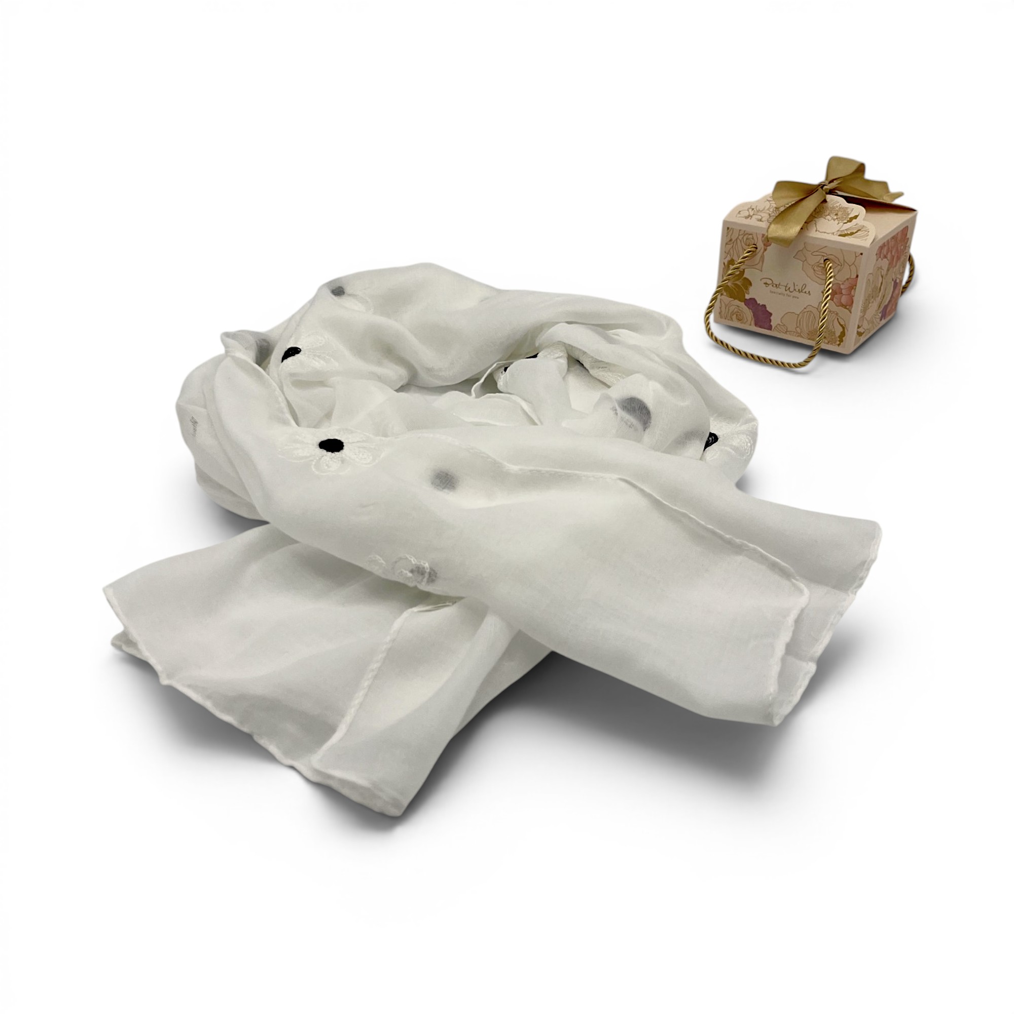 Eșarfă damă Soft Petals S161-5 – alb ivoire cu flori brodate, bumbac și vâscoză, 180 × 70 cm, cutie cadou
