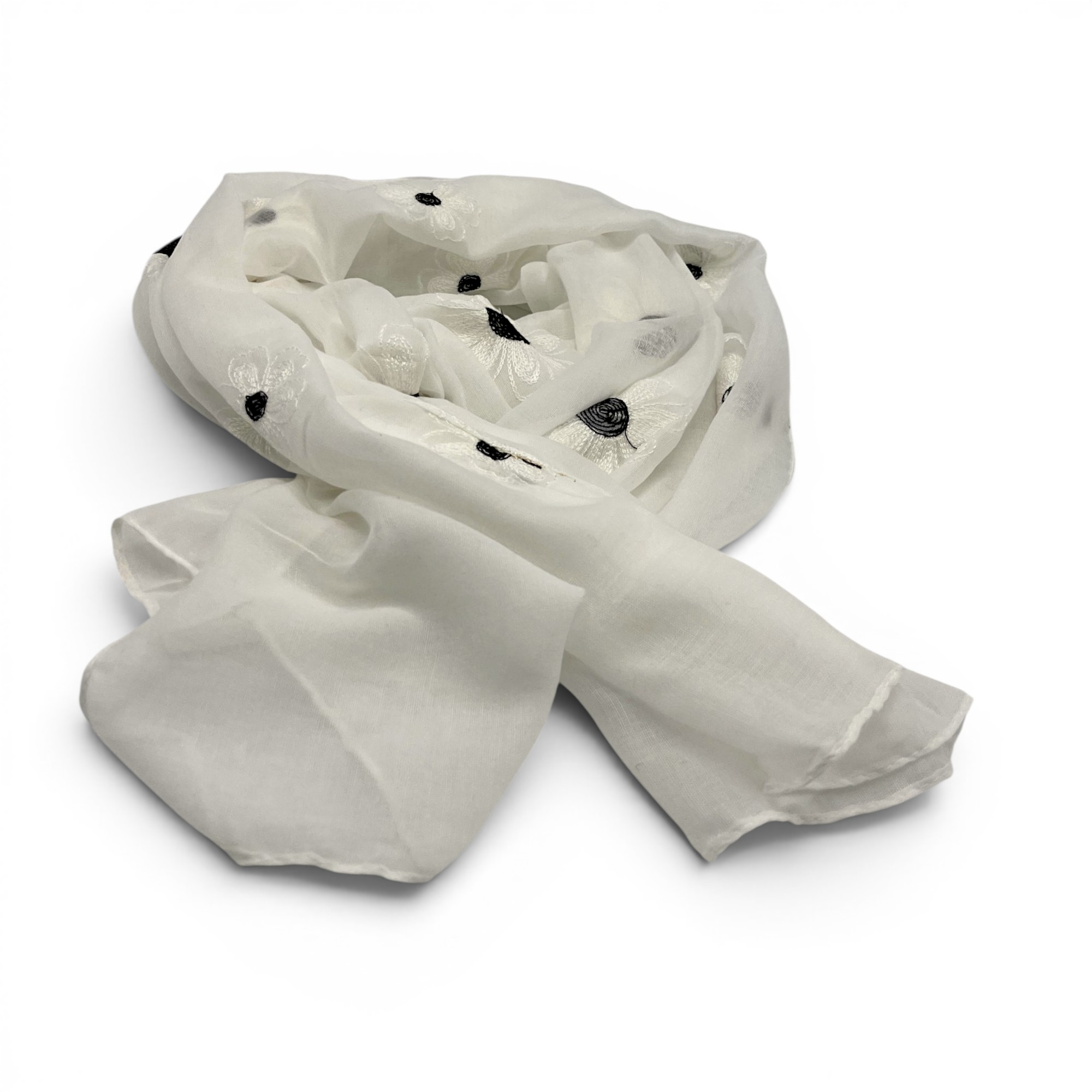 Eșarfă damă Soft Petals S161-5 – alb ivoire cu flori brodate, bumbac și vâscoză, 180 × 70 cm, cutie cadou