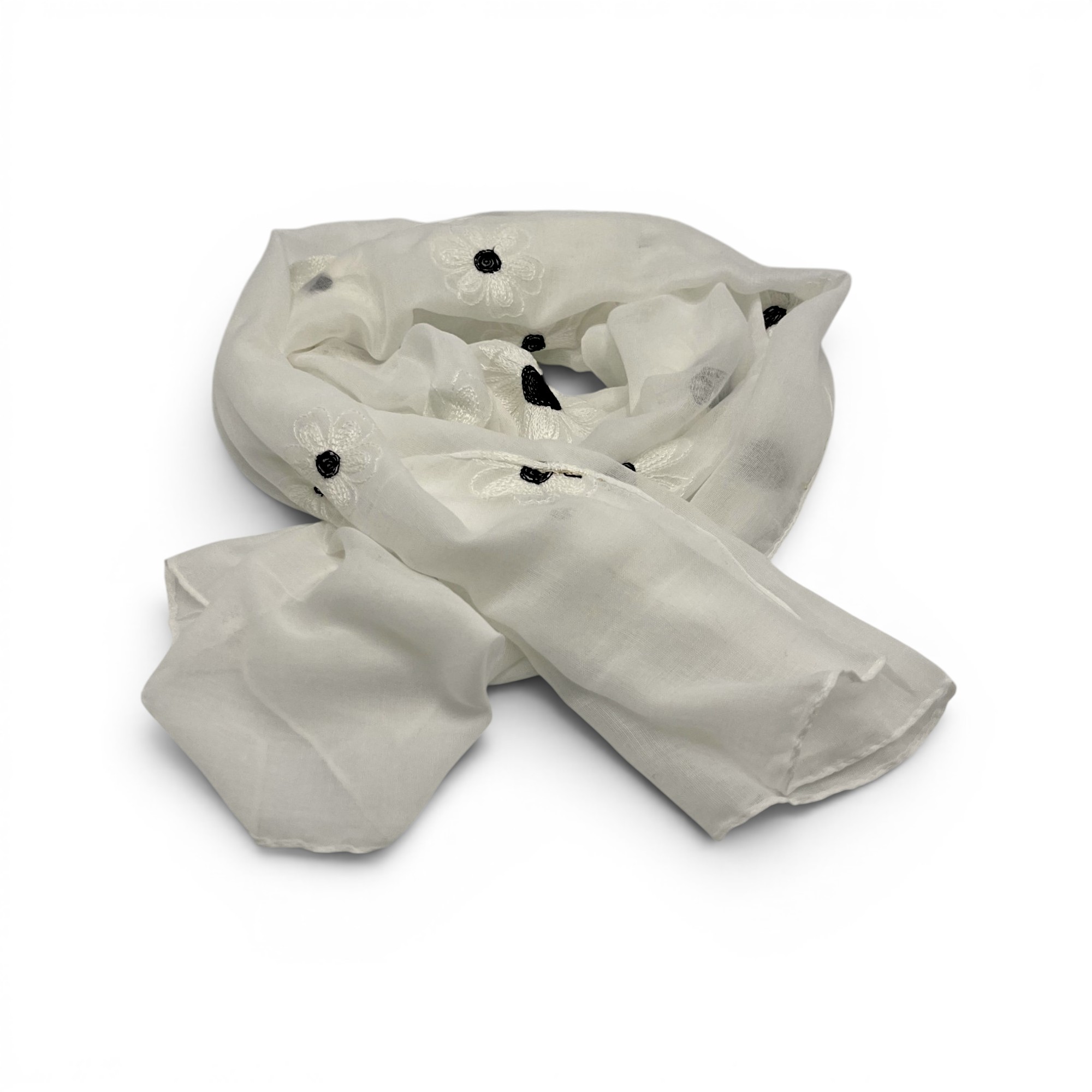 Eșarfă damă Soft Petals S161-5 – alb ivoire cu flori brodate, bumbac și vâscoză, 180 × 70 cm, cutie cadou