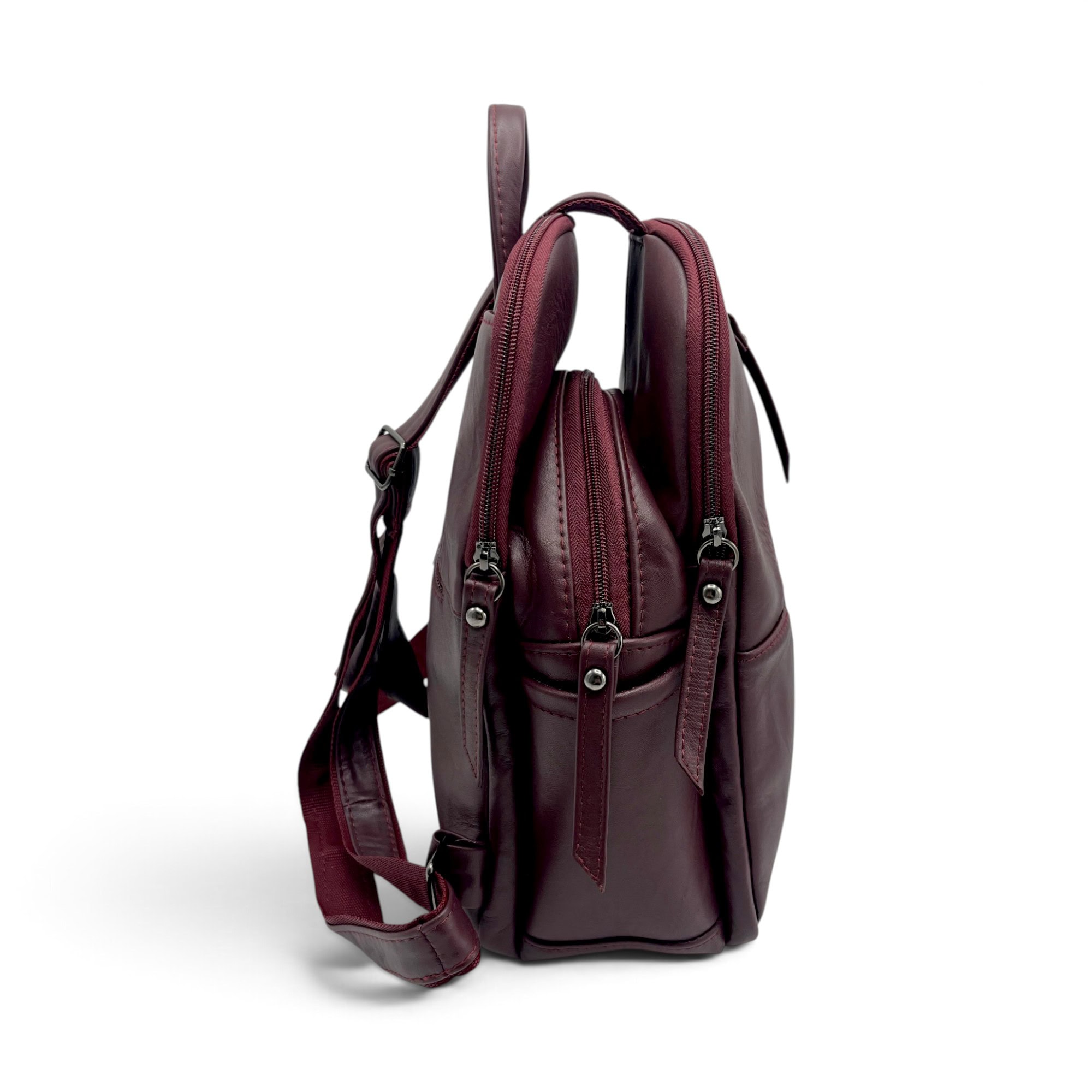 Rucsac damă din piele naturală Dolce Sorbet 21121-016 – bordo cu inserție decorativă neagră, 35 × 25 × 12 cm