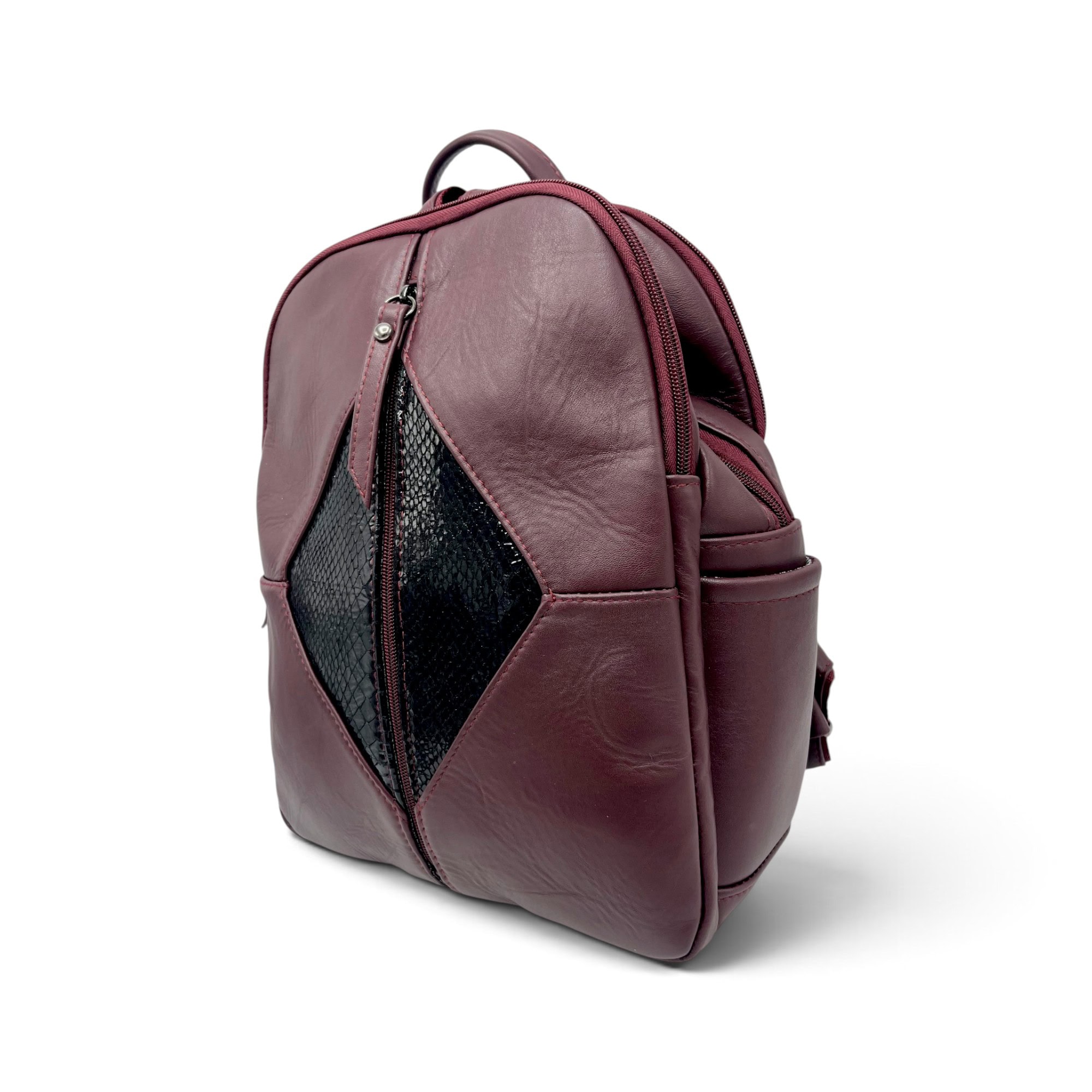 Rucsac damă din piele naturală Dolce Sorbet 21121-016 – bordo cu inserție decorativă neagră, 35 × 25 × 12 cm