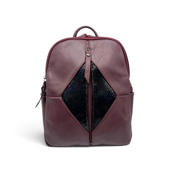 Rucsac damă din piele naturală Dolce Sorbet 21121-016 – bordo cu inserție decorativă neagră, 35 × 25 × 12 cm