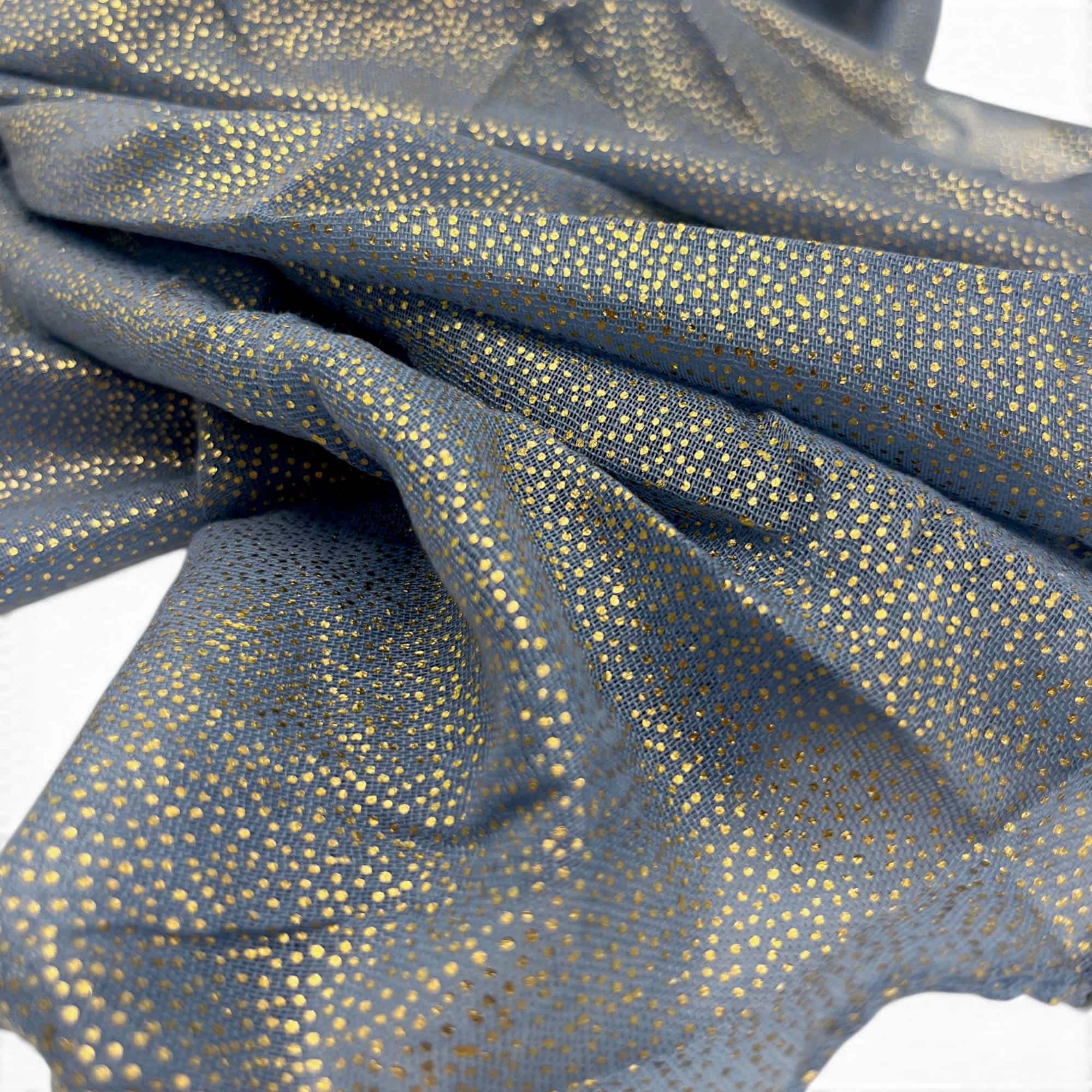 Eșarfă damă Golden Spark S166-5 Albastru Denim – mătase și vâscoză cu particule aurii, 60×175 cm, Cutie Cadou