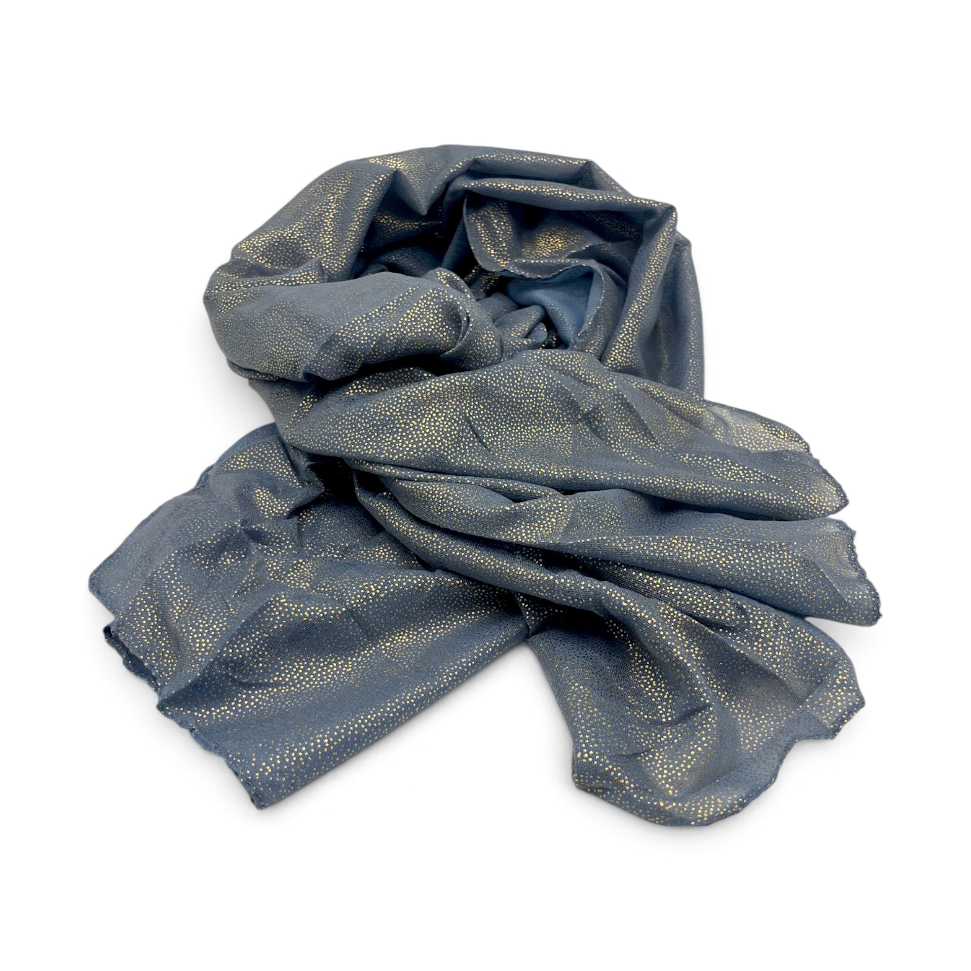 Eșarfă damă Golden Spark S166-5 Albastru Denim – mătase și vâscoză cu particule aurii, 60×175 cm, Cutie Cadou