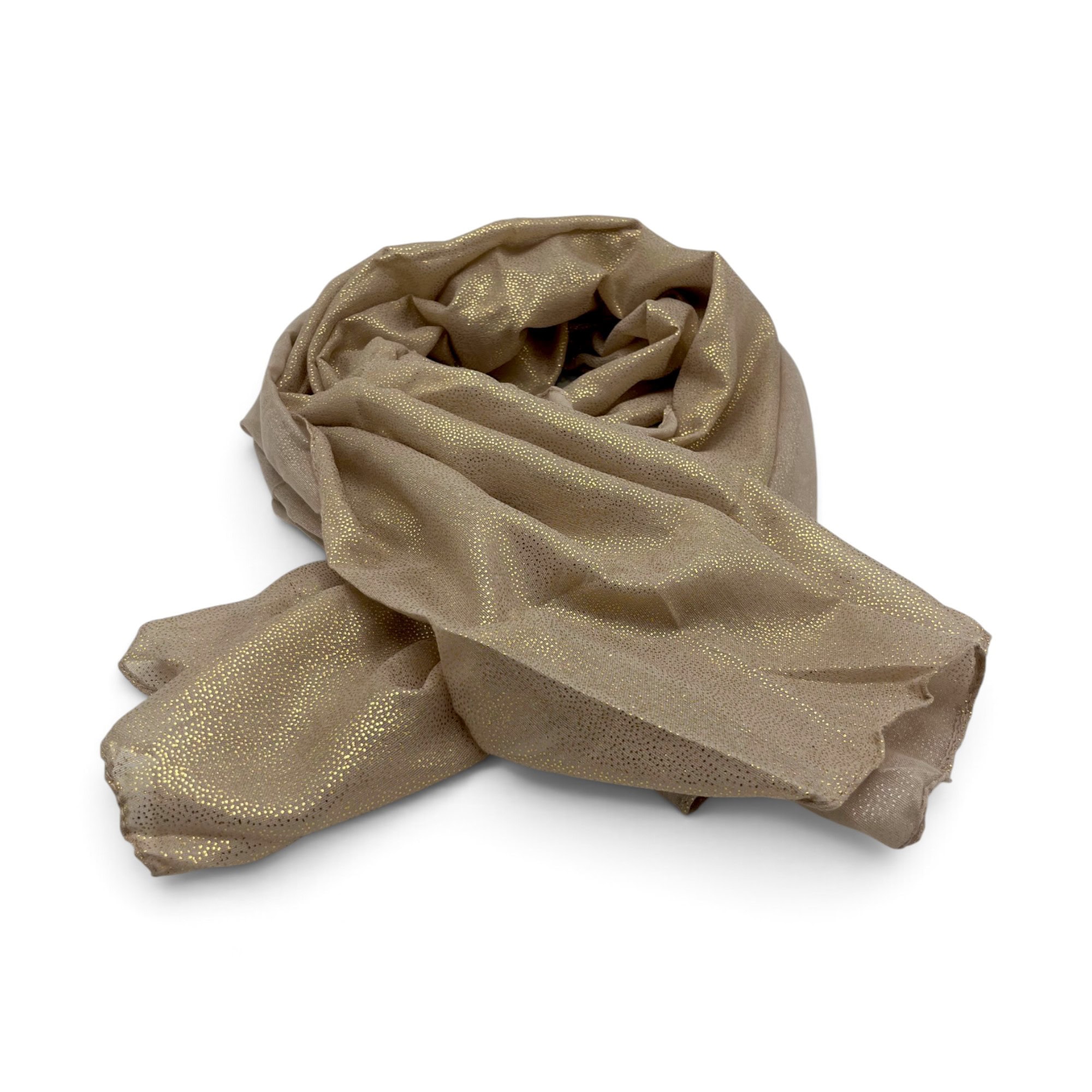 Eșarfă damă Golden Spark S166-8 Bej Champagne – mătase și vâscoză cu particule aurii, 60×175 cm, Cutie Cadou