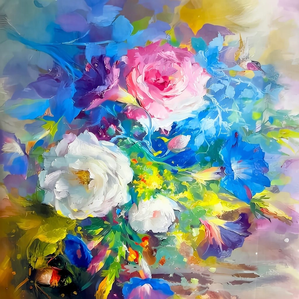 Eșarfă damă pătrată Artistic Floral Dream 2024-05#10 – 70×70 cm, 50% Mătase & 50% Vîscoză, Cutie Cadou