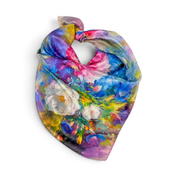 Eșarfă damă pătrată Artistic Floral Dream 2024-05#10 – 70×70 cm, 50% Mătase & 50% Vîscoză, Cutie Cadou