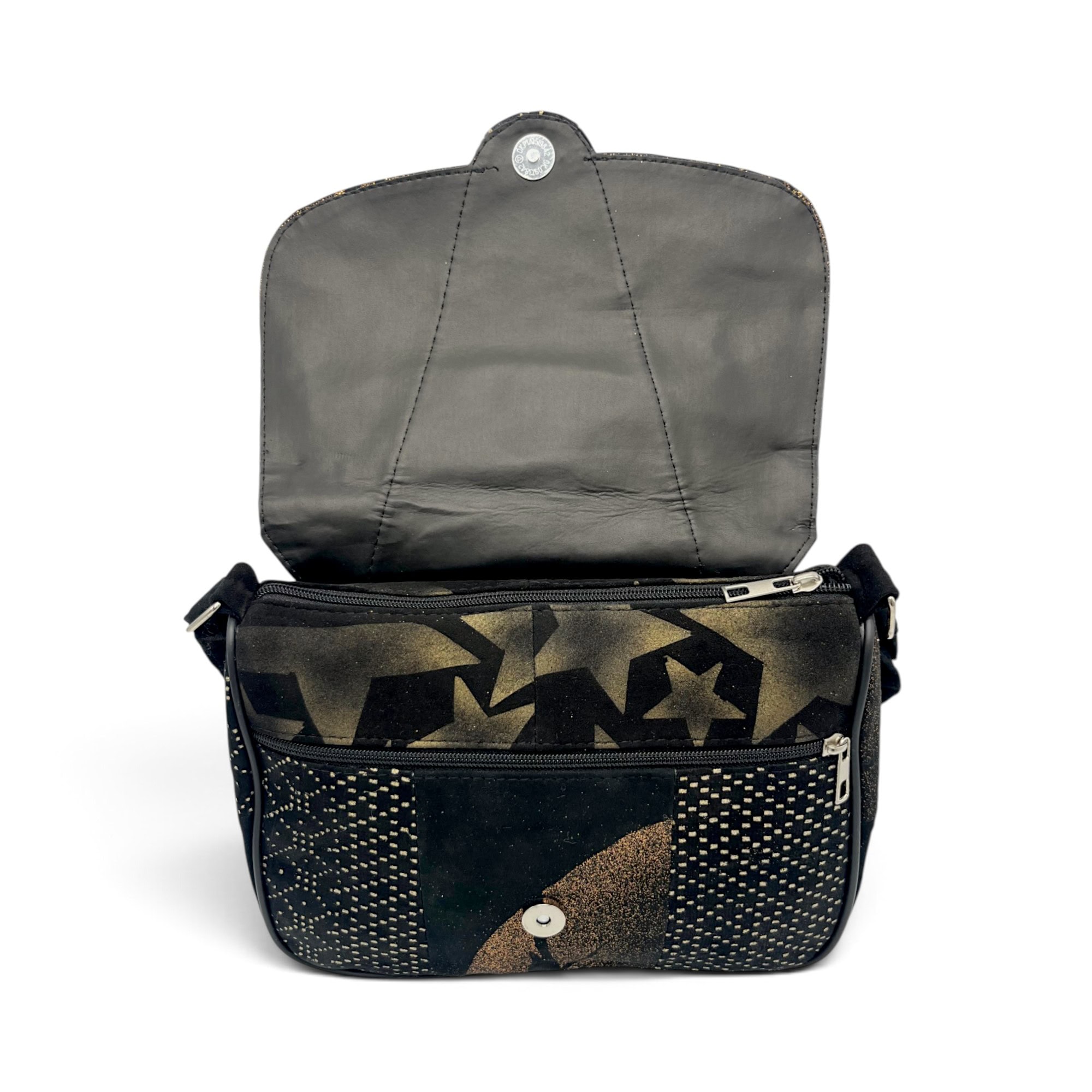 Geantă Damă Unicat Lucia R45-L9 – Piele Naturală Neagră cu Accente Aurii, 27×21x8 cm
