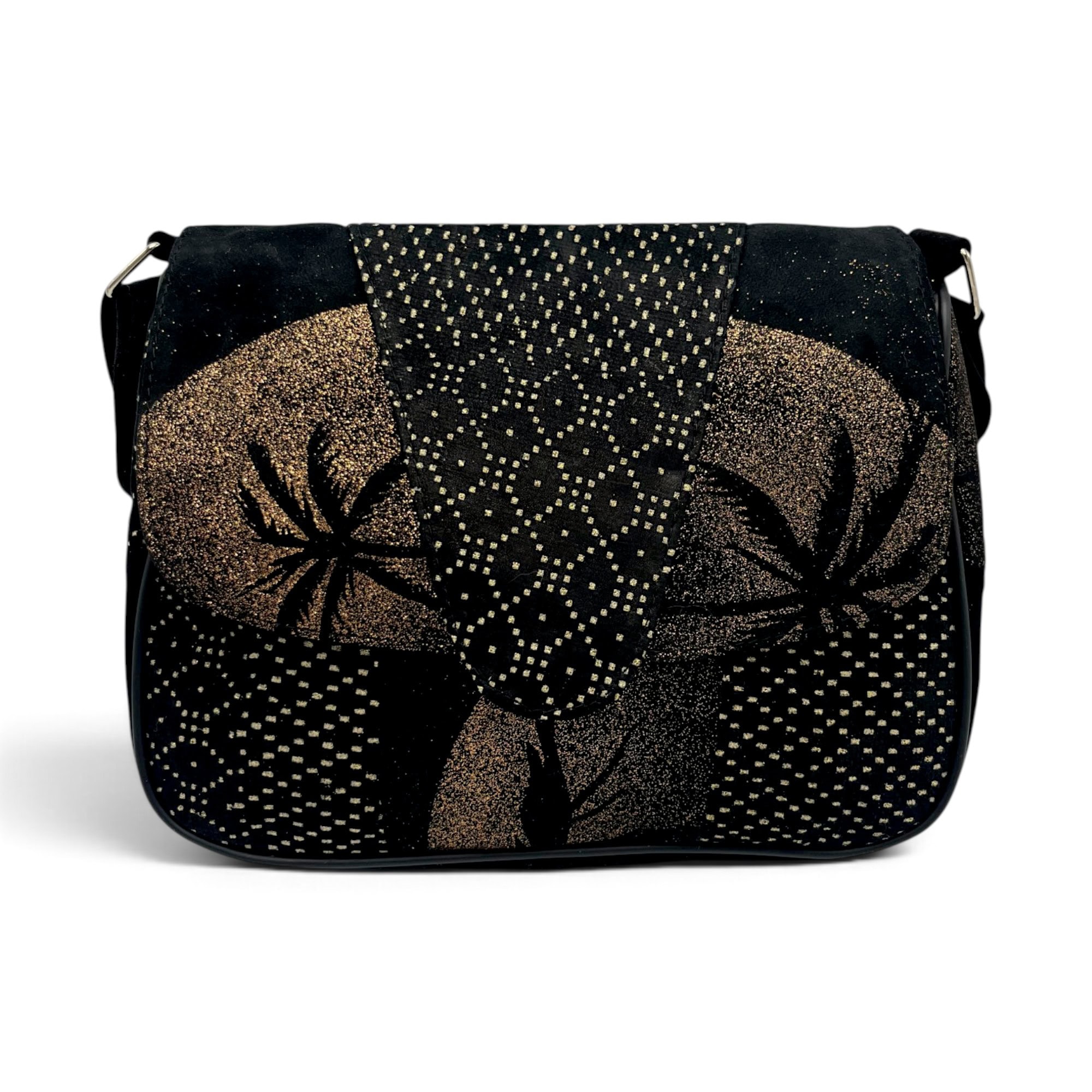 Geantă Damă Unicat Lucia R45-L9 – Piele Naturală Neagră cu Accente Aurii, 27×21x8 cm