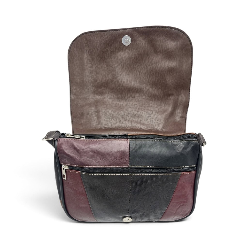 Geantă Damă Unicat Lucia R45X-41 – Piele Naturală Patchwork Negru, Maro și Bordo