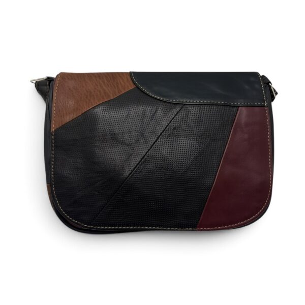 Geantă Damă Unicat Lucia R45X-41 – Piele Naturală Patchwork Negru, Maro și Bordo