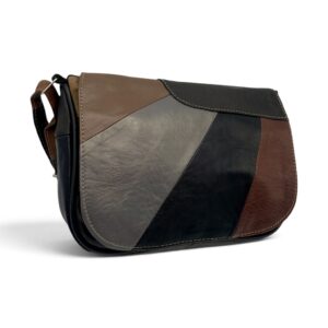 Geantă Damă Unicat Lucia R45X-42 – Piele Naturală Patchwork Negru, Gri, Taupe și Maro