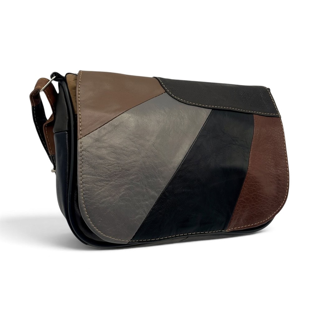 Geantă Damă Unicat Lucia R45X-42 – Piele Naturală Patchwork Negru, Gri, Taupe și Maro