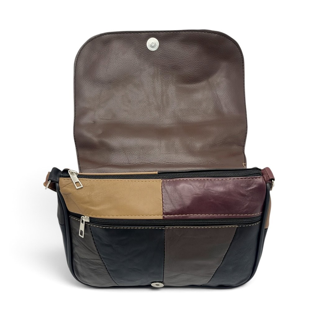 Geantă Damă Unicat Lucia R45X-42 – Piele Naturală Patchwork Negru, Gri, Taupe și Maro