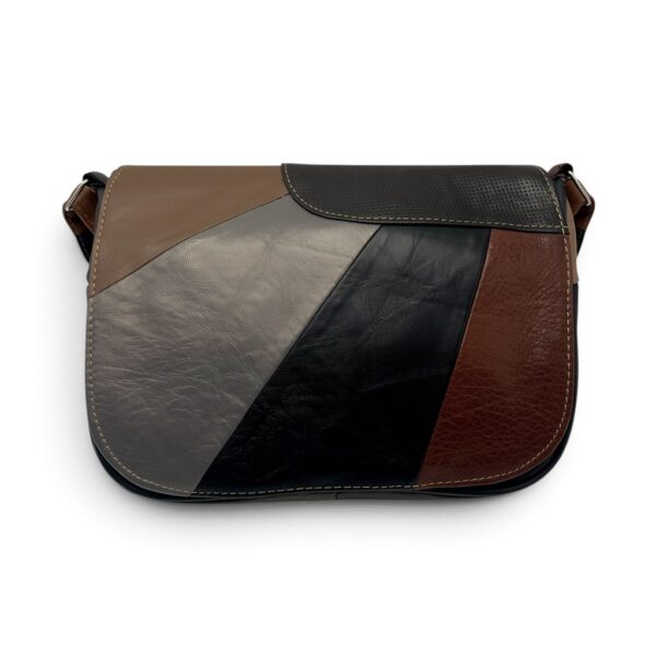 Geantă Damă Unicat Lucia R45X-42 – Piele Naturală Patchwork Negru, Gri, Taupe și Maro