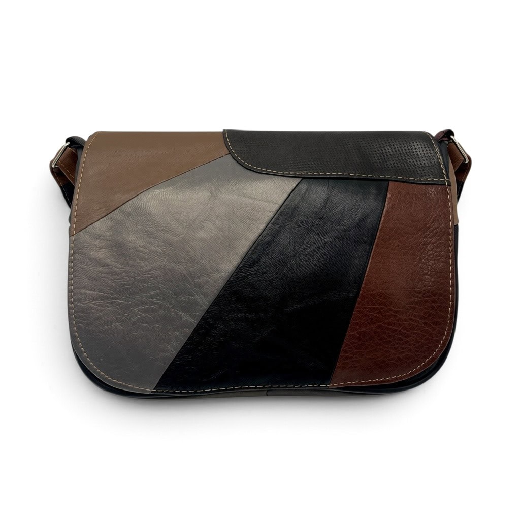 Geantă Damă Unicat Lucia R45X-42 – Piele Naturală Patchwork Negru, Gri, Taupe și Maro