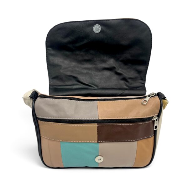 Geantă Damă Unicat Lucia R45X-43 – Piele Naturală Patchwork Crem, Maro, Taupe și Turcoaz