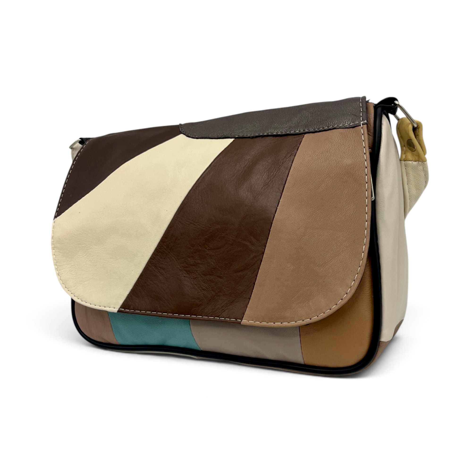 Geantă Damă Unicat Lucia R45X-43 – Piele Naturală Patchwork Crem, Maro, Taupe și Turcoaz