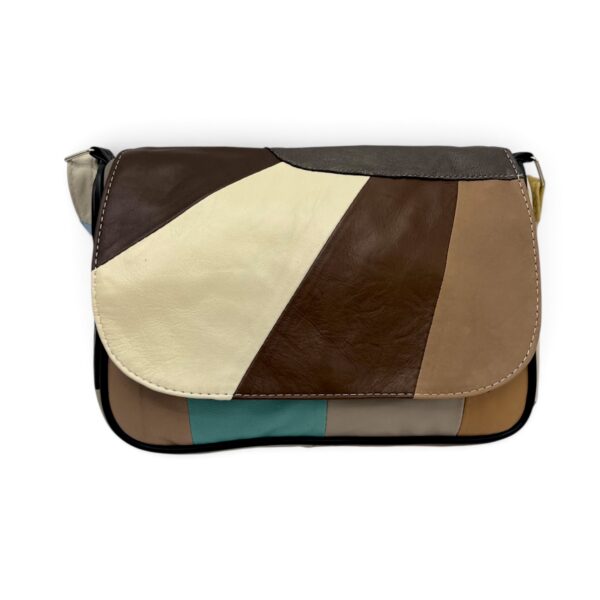 Geantă Damă Unicat Lucia R45X-43 – Piele Naturală Patchwork Crem, Maro, Taupe și Turcoaz