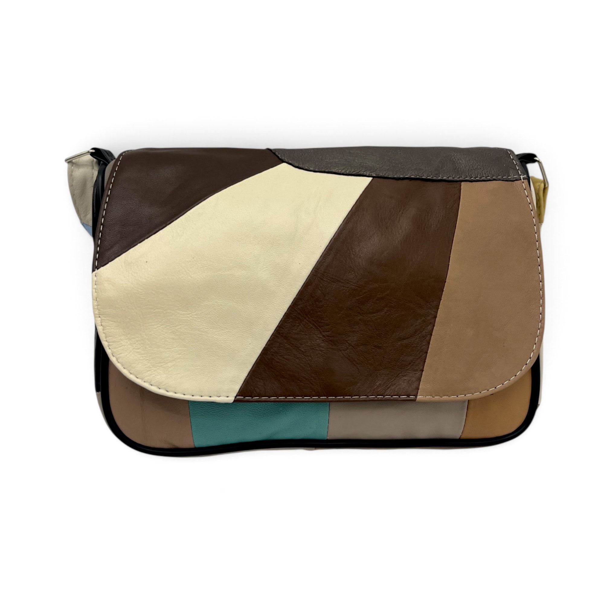 Geantă Damă Unicat Lucia R45X-43 – Piele Naturală Patchwork Crem, Maro, Taupe și Turcoaz