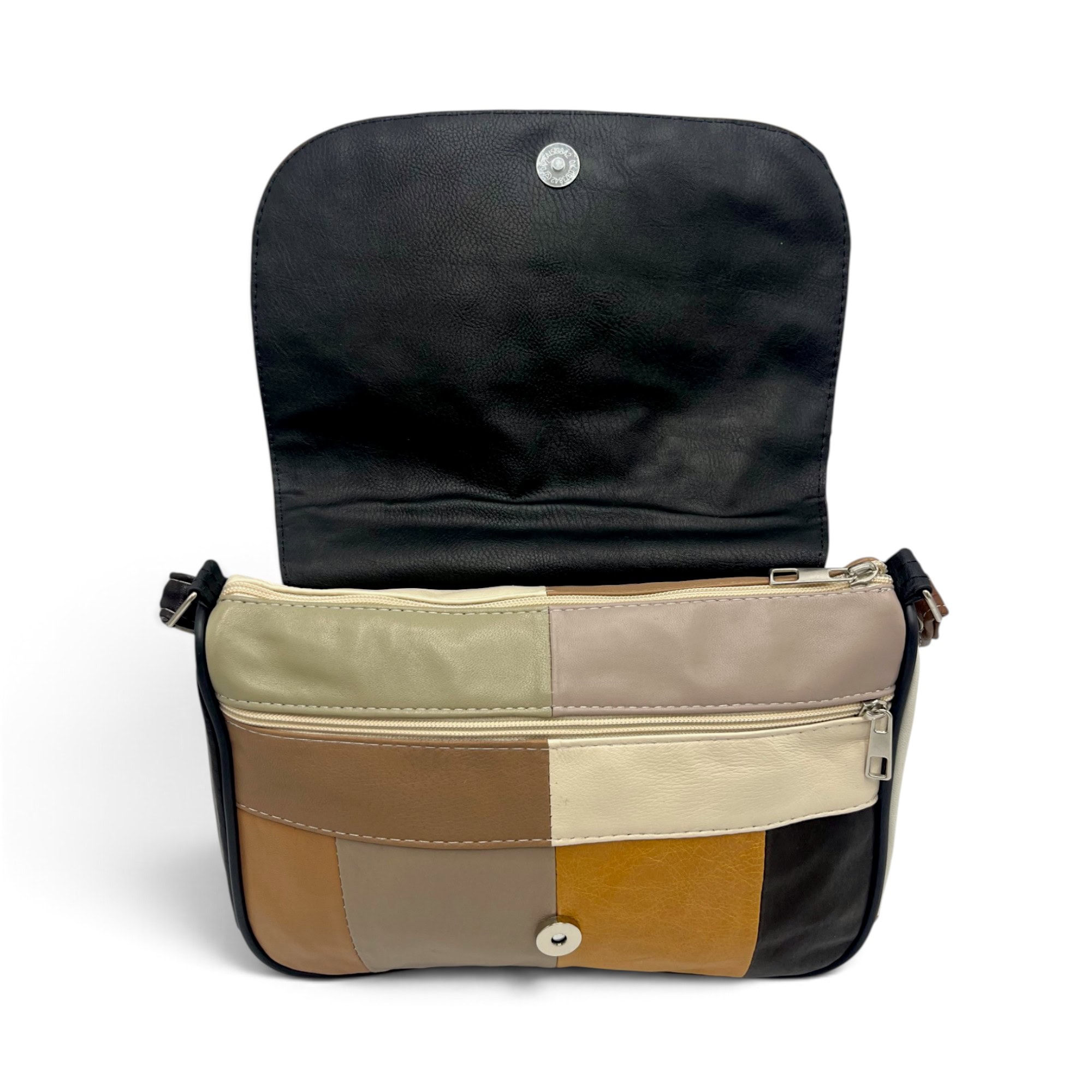 Geantă Damă Unicat Lucia R45X-44 – Piele Naturală Patchwork Crem, Maro, Bej și Muștar