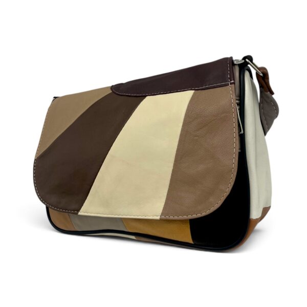 Geantă Damă Unicat Lucia R45X-44 – Piele Naturală Patchwork Crem, Maro, Bej și Muștar