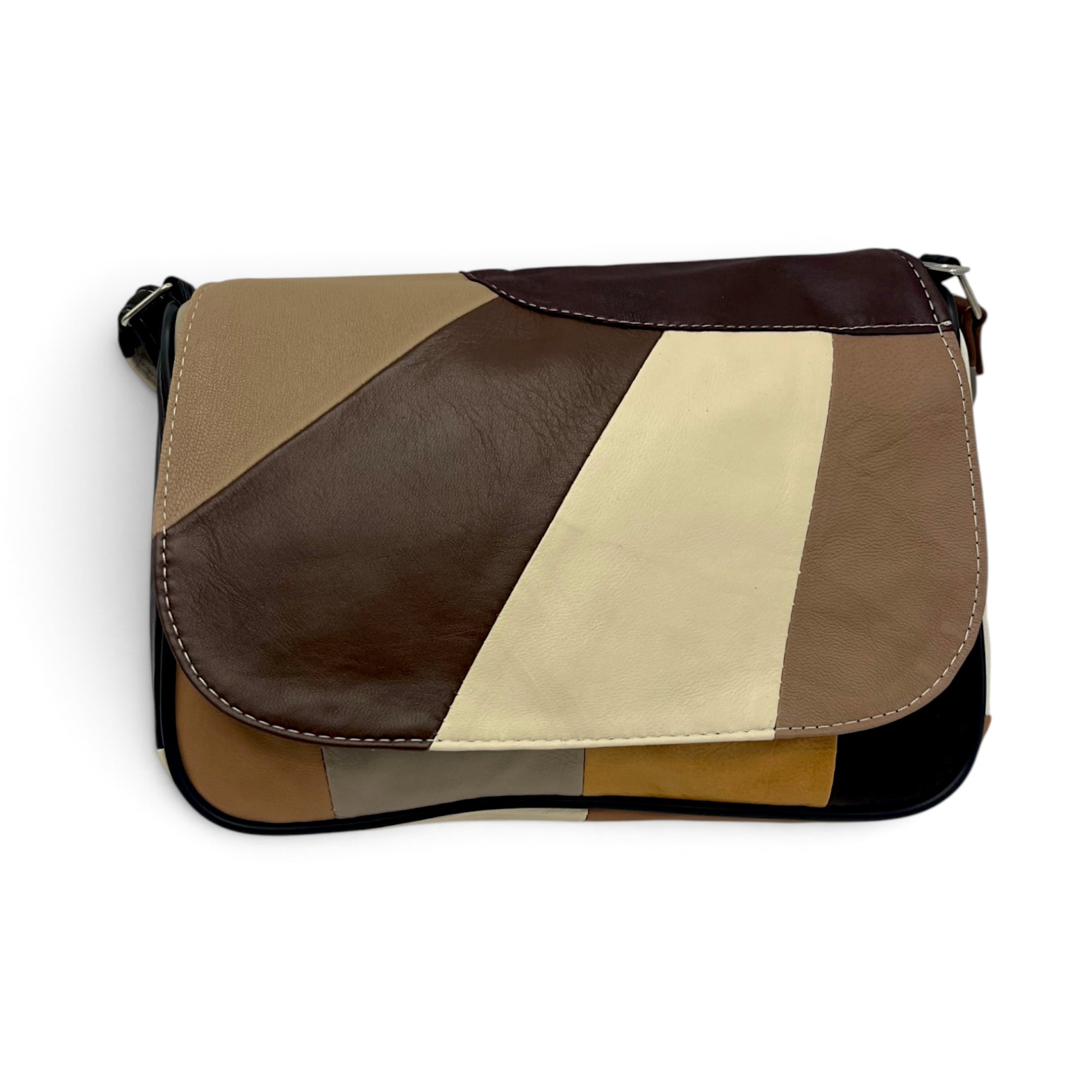 Geantă Damă Unicat Lucia R45X-44 – Piele Naturală Patchwork Crem, Maro, Bej și Muștar