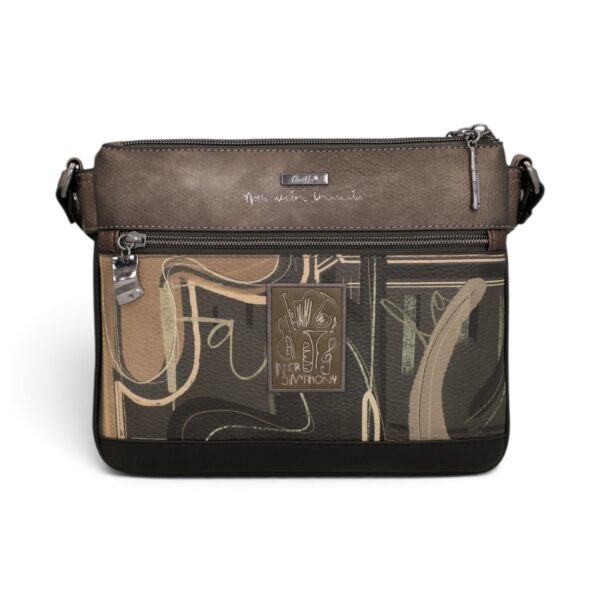 Geantă crossbody Anekke Orchestra cu design artistic și buzunar frontal.