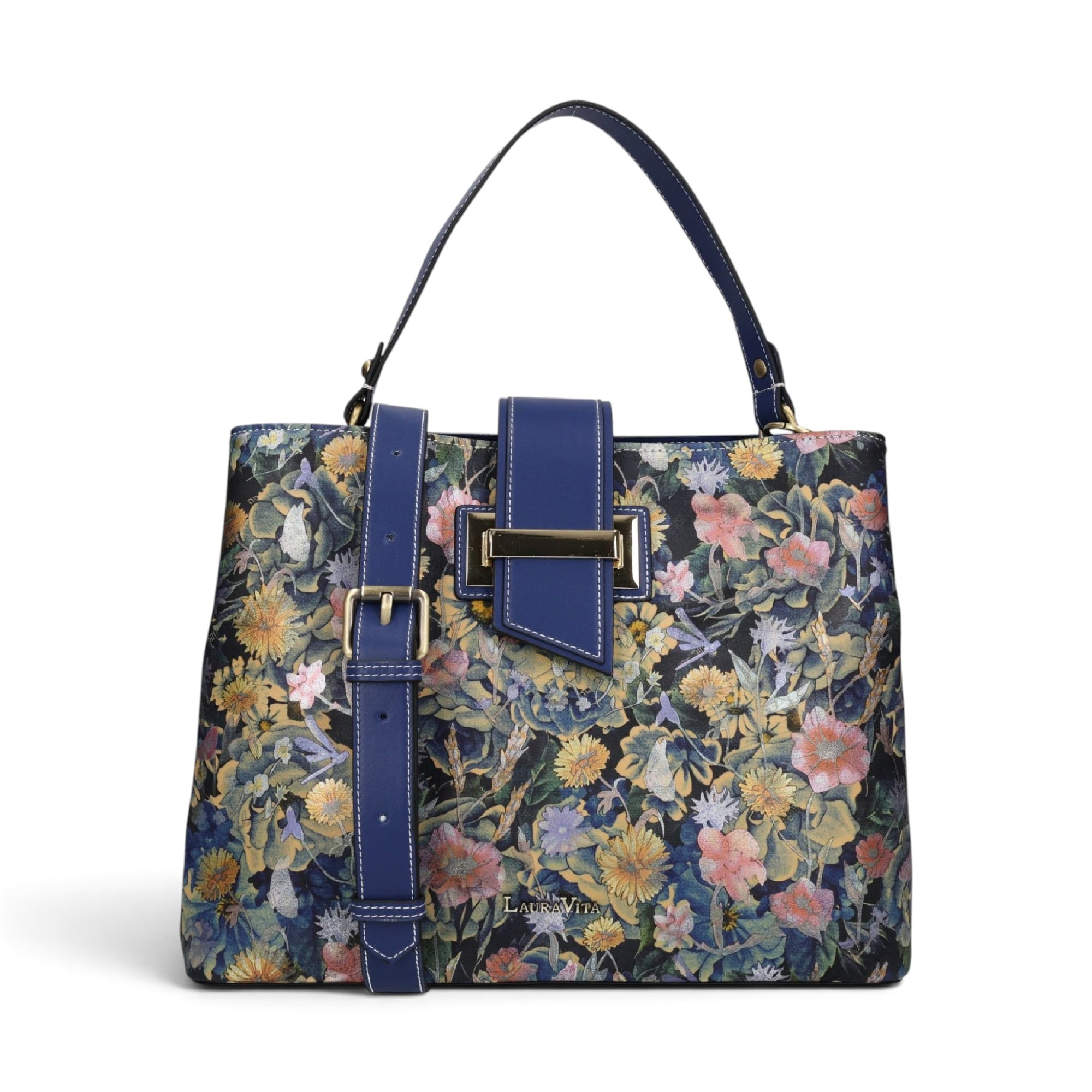 Geantă damă Laura Vita ADRIA 02 Bleu – imprimeu floral, geantă de mână și umăr, 29 × 23 × 15 cm