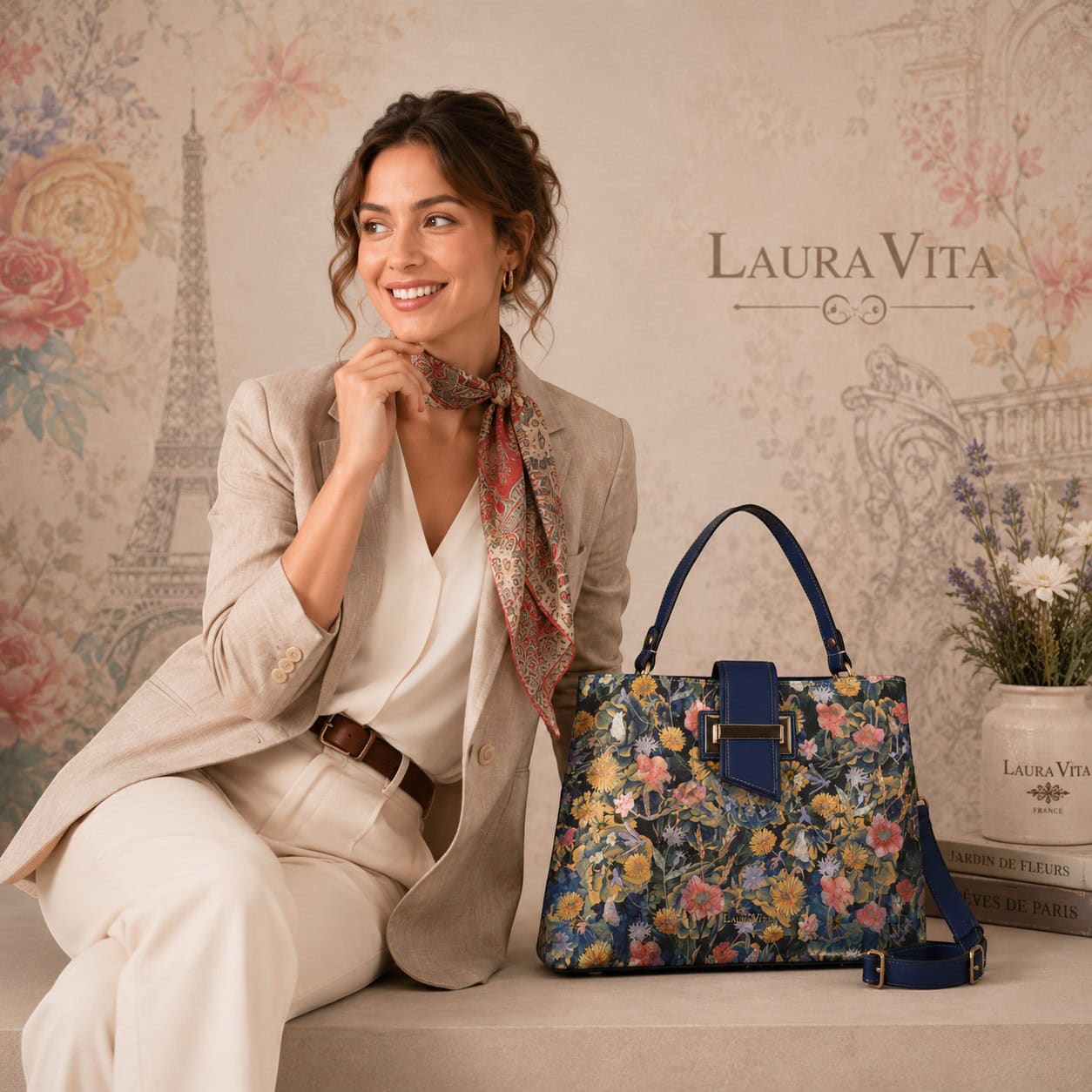 Geantă damă Laura Vita ADRIA 02 Bleu – imprimeu floral, geantă de mână și umăr, 29 × 23 × 15 cm
