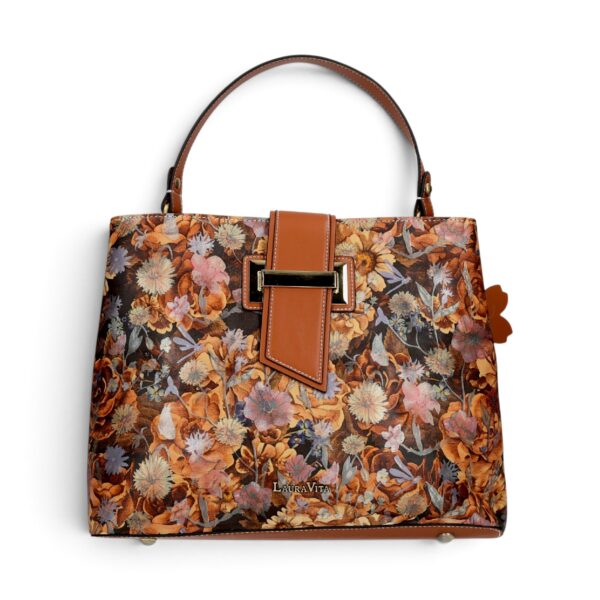 Geantă damă Laura Vita ADRIA 02 Camel – imprimeu floral, geantă de mână și umăr, 29 × 23 × 15 cm
