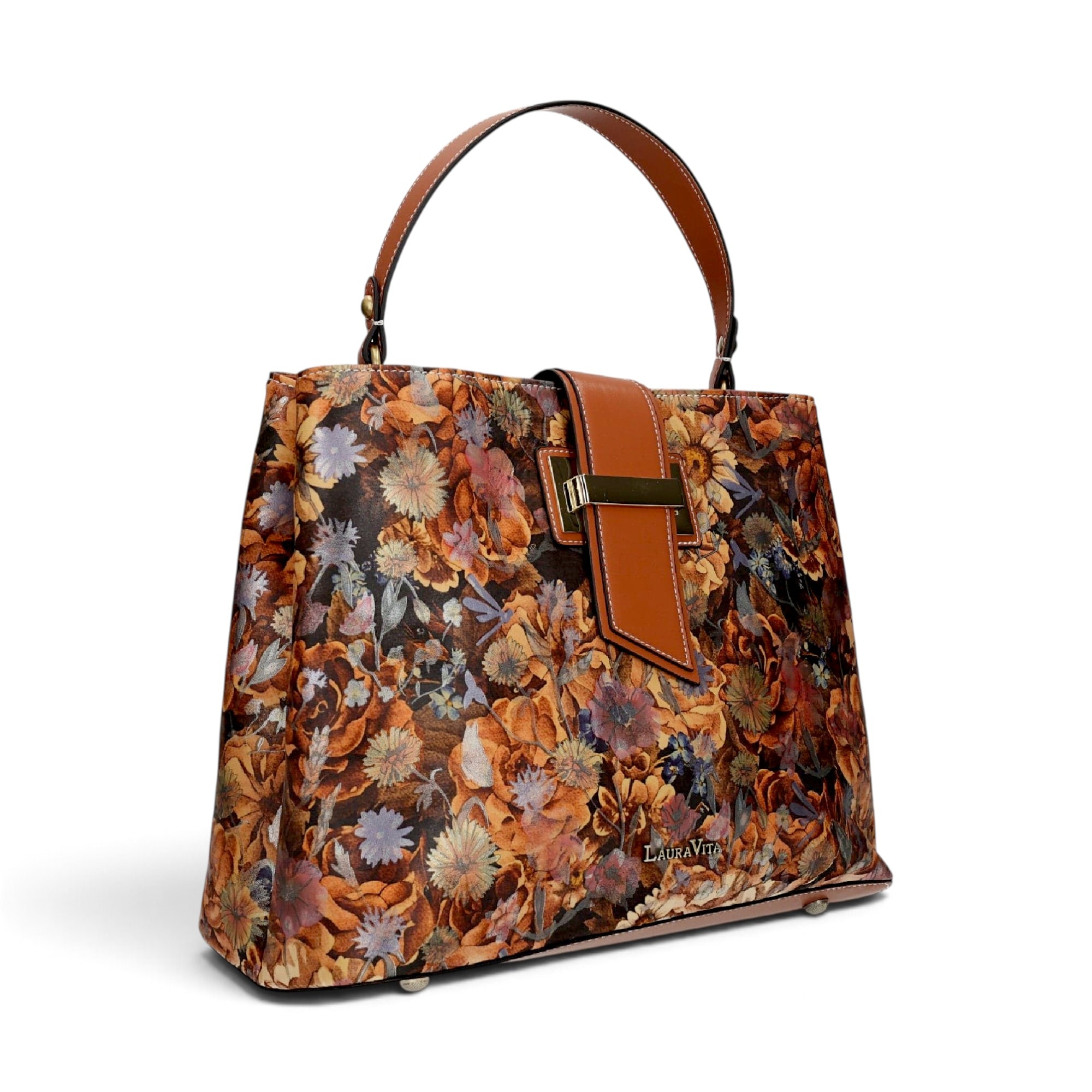 Geantă damă Laura Vita ADRIA 02 Camel – imprimeu floral, geantă de mână și umăr, 29 × 23 × 15 cm