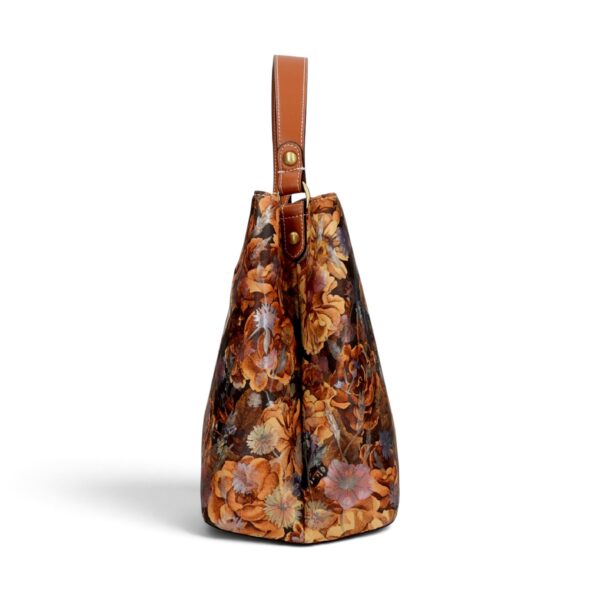 Geantă damă Laura Vita ADRIA 02 Camel – imprimeu floral, geantă de mână și umăr, 29 × 23 × 15 cm