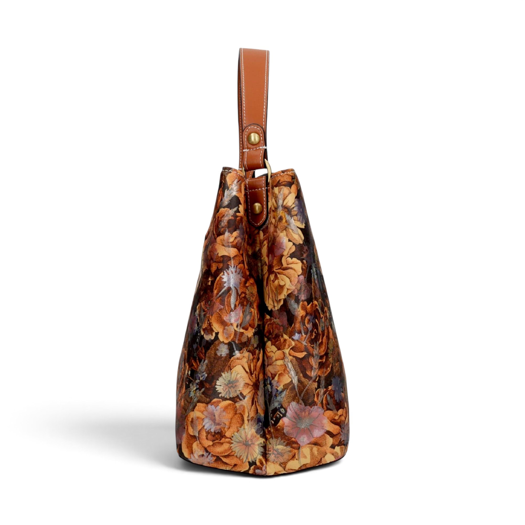 Geantă damă Laura Vita ADRIA 02 Camel – imprimeu floral, geantă de mână și umăr, 29 × 23 × 15 cm