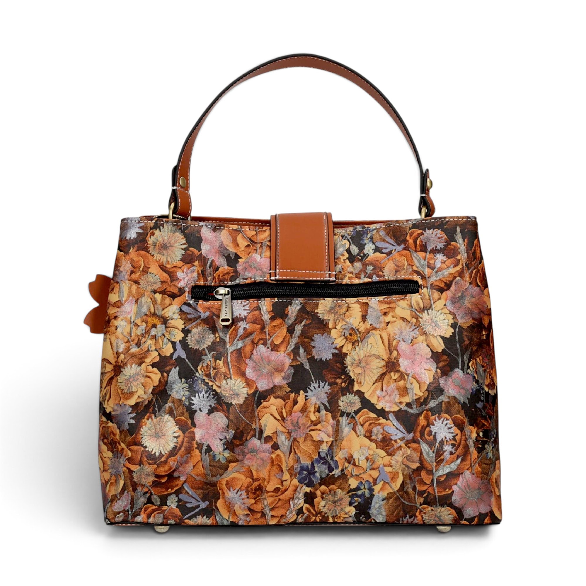 Geantă damă Laura Vita ADRIA 02 Camel – imprimeu floral, geantă de mână și umăr, 29 × 23 × 15 cm