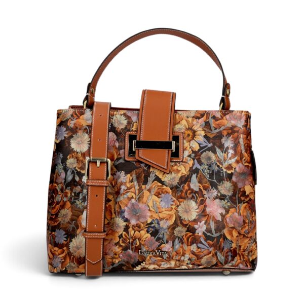 Geantă damă Laura Vita ADRIA 02 Camel – imprimeu floral, geantă de mână și umăr, 29 × 23 × 15 cm