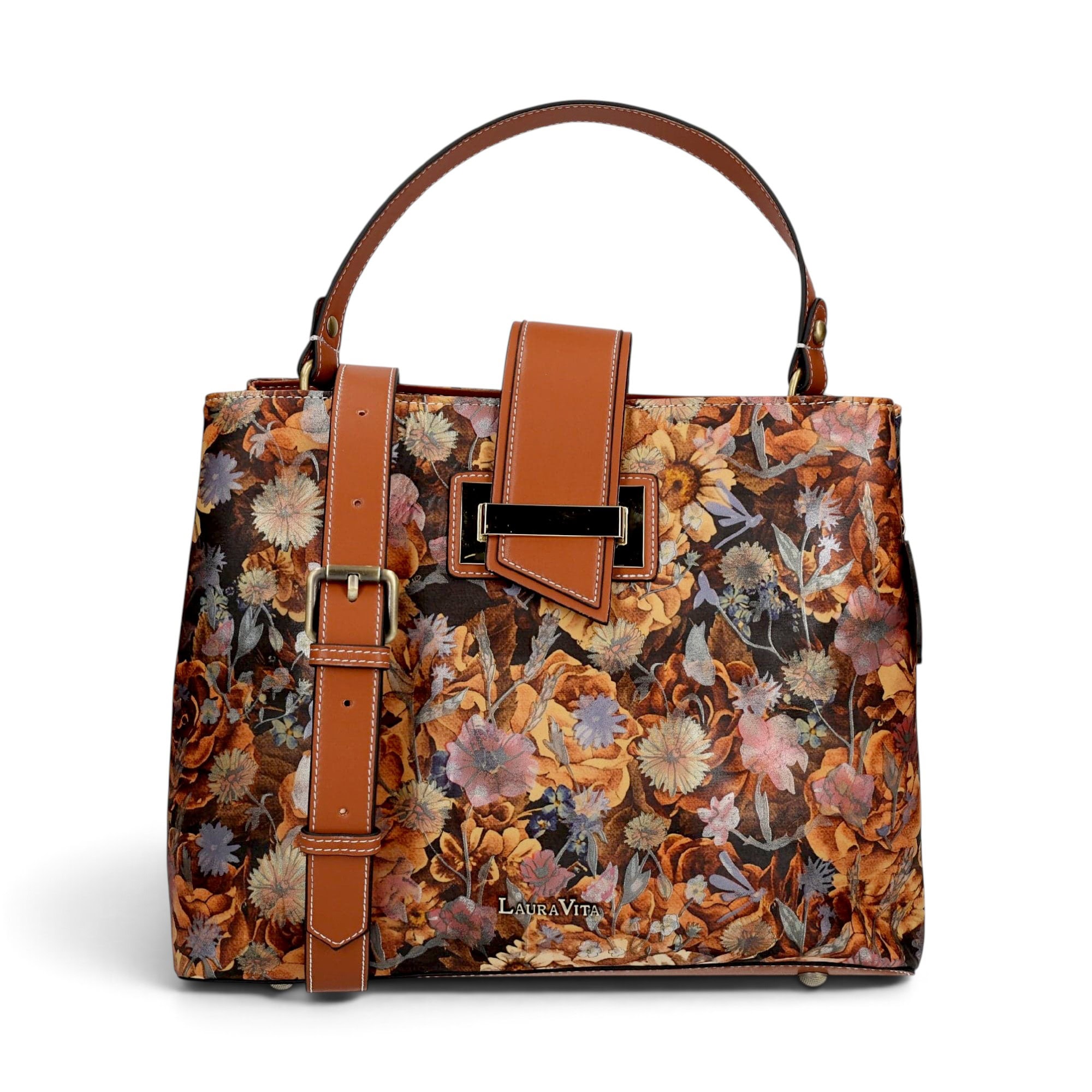 Geantă damă Laura Vita ADRIA 02 Camel – imprimeu floral, geantă de mână și umăr, 29 × 23 × 15 cm
