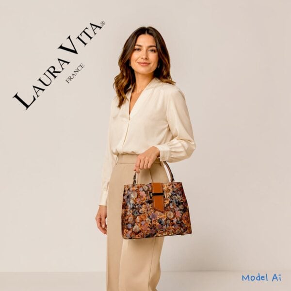 Geantă damă Laura Vita ADRIA 02 Camel – imprimeu floral, geantă de mână și umăr, 29 × 23 × 15 cm