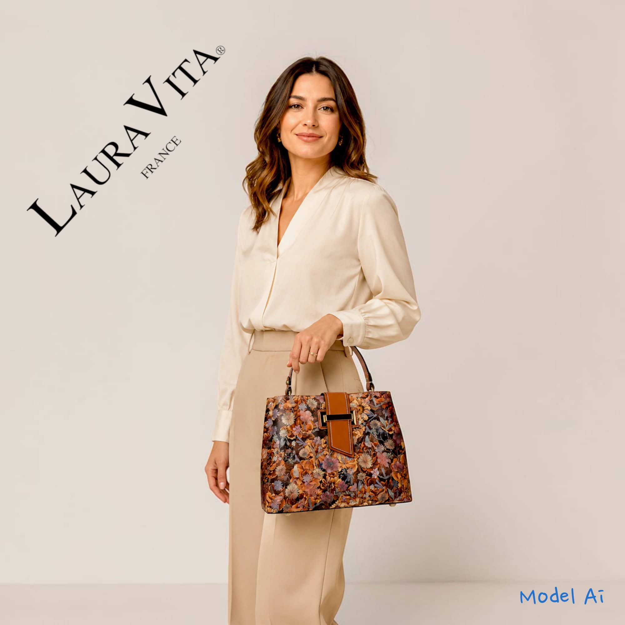 Geantă damă Laura Vita ADRIA 02 Camel – imprimeu floral, geantă de mână și umăr, 29 × 23 × 15 cm